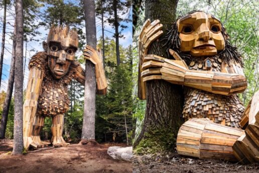 Trolls gigantes em madeira descartada espalhados pelas florestas